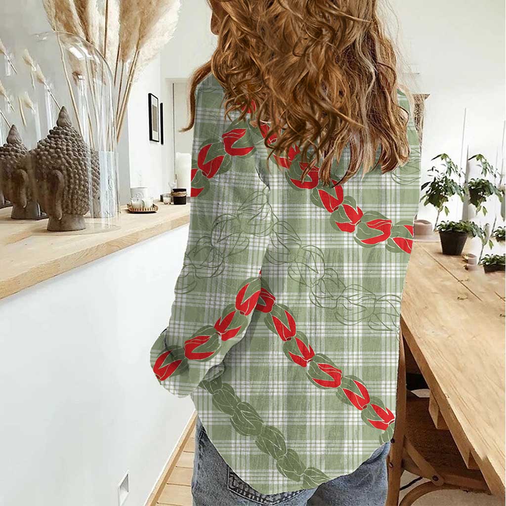 Omaomao Aloha Hawaii Women Casual Shirt Rosebud Lei With Palaka Motif - Polynesian Pride