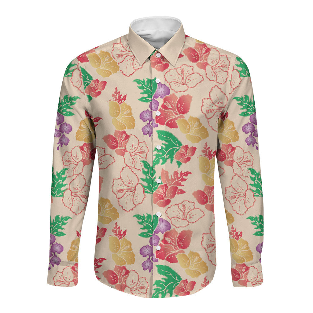 Colorful Aloha Hawaii Hibiscus Orchid Seamless Long Sleeve Button Shirt
