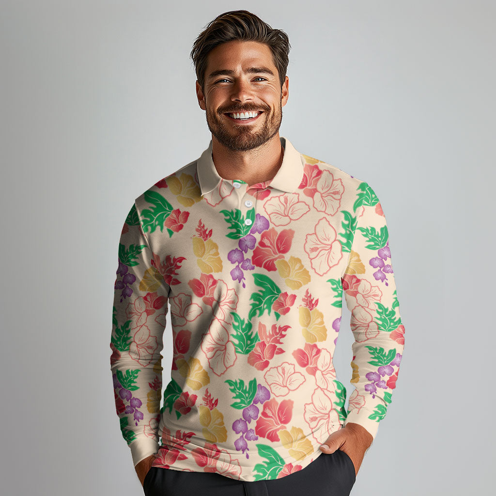 Colorful Aloha Hawaii Hibiscus Orchid Seamless Long Sleeve Polo Shirt LT14 - Polynesian Pride