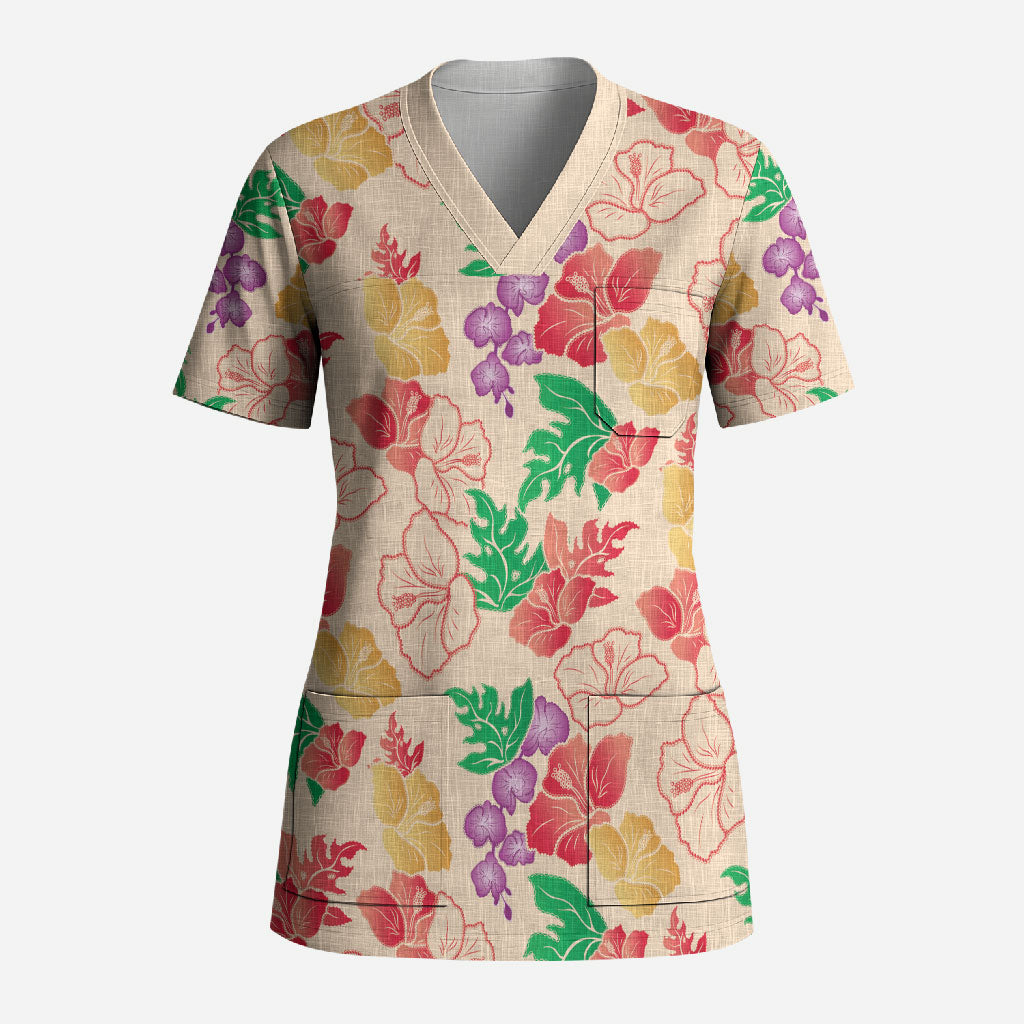 Colorful Aloha Hawaii Hibiscus Orchid Seamless Scrub Top LT14 Adult Colorful - Polynesian Pride