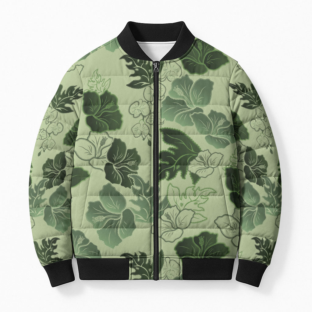Vesuvian Green Aloha Hawaii Hibiscus Orchid Seamless Bomber Puffer Jacket LT14 Unisex Green - Polynesian Pride