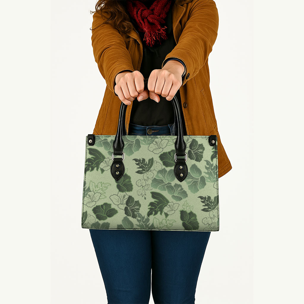 Vesuvian Green Aloha Hawaii Hibiscus Orchid Seamless Leather Bag