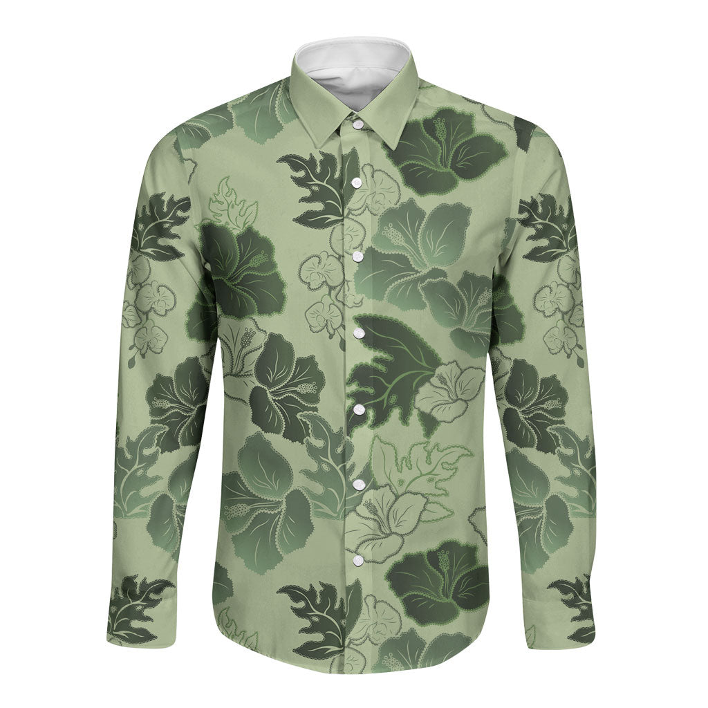 Vesuvian Green Aloha Hawaii Hibiscus Orchid Seamless Long Sleeve Button Shirt