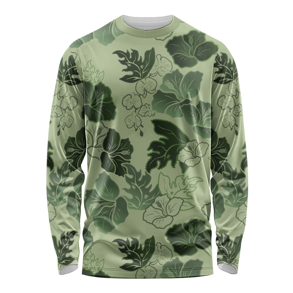 Vesuvian Green Aloha Hawaii Hibiscus Orchid Seamless Long Sleeve Shirt