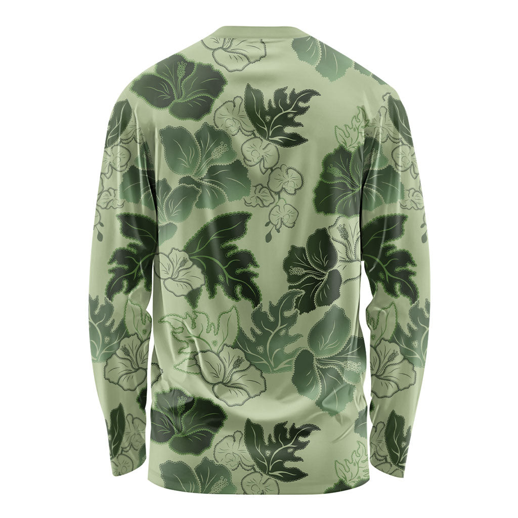 Vesuvian Green Aloha Hawaii Hibiscus Orchid Seamless Long Sleeve Shirt