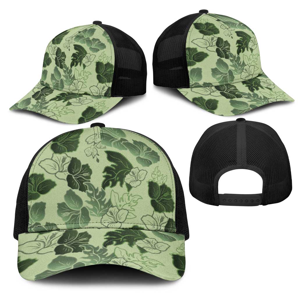 Vesuvian Green Aloha Hawaii Hibiscus Orchid Seamless Mesh Trucker Cap