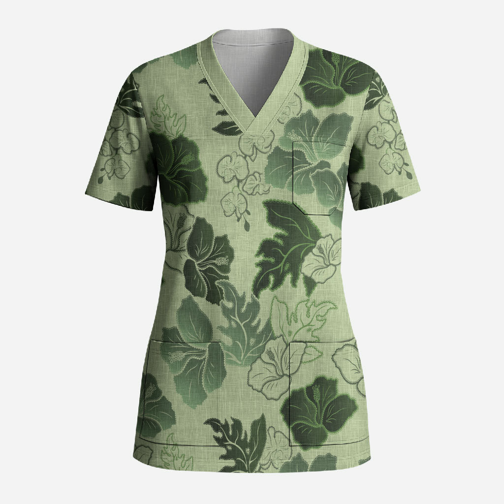 Vesuvian Green Aloha Hawaii Hibiscus Orchid Seamless Scrub Top LT14 Adult Green - Polynesian Pride