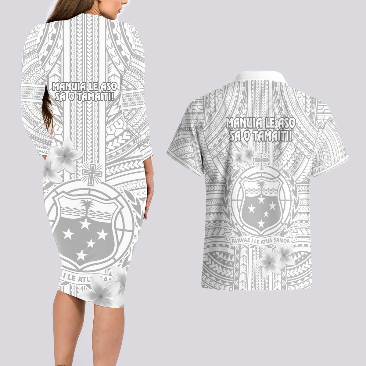 Samoa White Sunday Couples Matching Long Sleeve Bodycon Dress and Hawaiian Shirt Manuia le Aso Sa o Tamaiti Polynesian Plumeria LT14 - Polynesian Pride