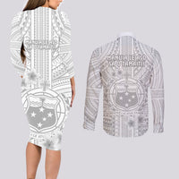 Samoa White Sunday Couples Matching Long Sleeve Bodycon Dress and Long Sleeve Button Shirts Manuia le Aso Sa o Tamaiti Polynesian Plumeria LT14 - Polynesian Pride