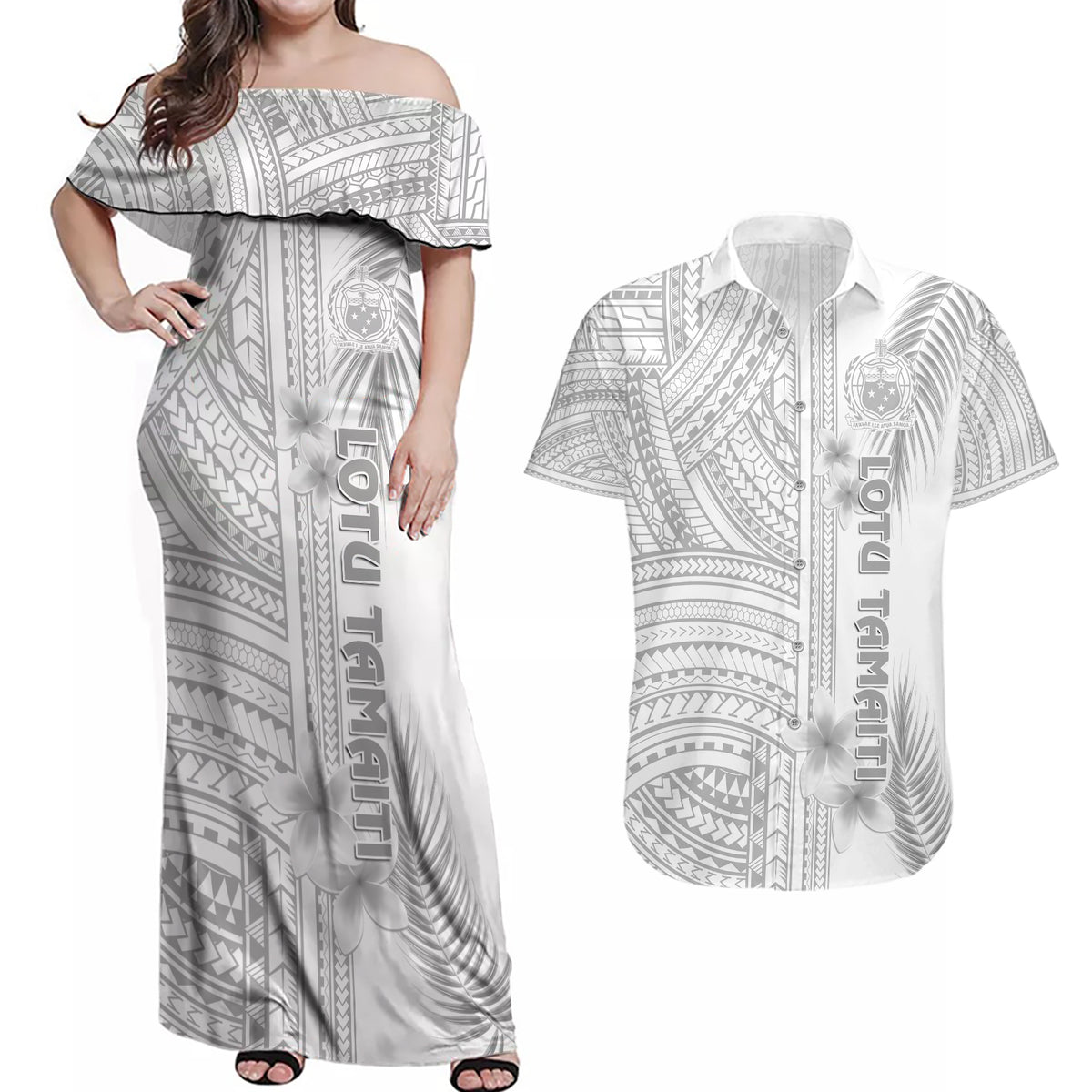 Samoa White Sunday Couples Matching Off Shoulder Maxi Dress and Hawaiian Shirt Manuia le Aso Sa o Tamaiti Polynesian Plumeria LT14 White - Polynesian Pride