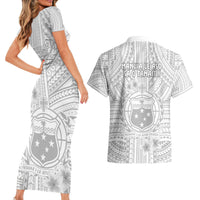 Samoa White Sunday Couples Matching Short Sleeve Bodycon Dress and Hawaiian Shirt Manuia le Aso Sa o Tamaiti Polynesian Plumeria LT14 - Polynesian Pride