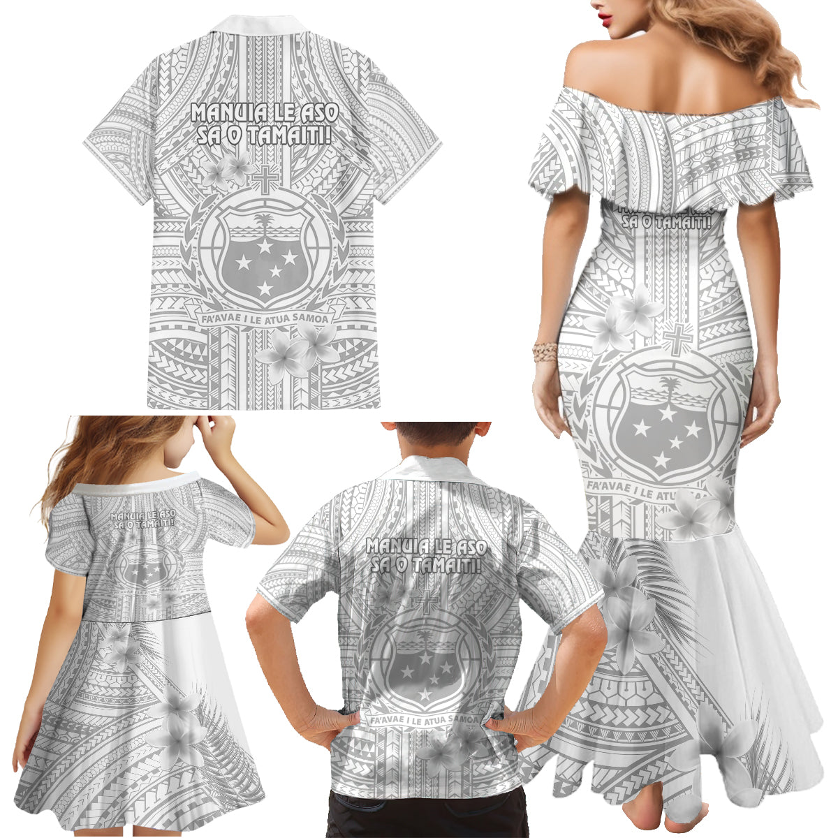Samoa White Sunday Family Matching Mermaid Dress and Hawaiian Shirt Manuia le Aso Sa o Tamaiti Polynesian Plumeria LT14 - Polynesian Pride