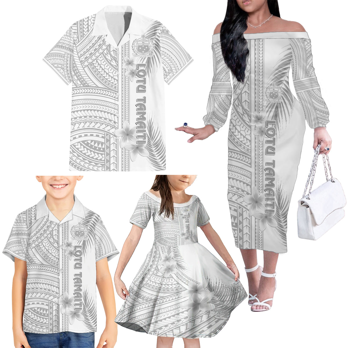 Samoa White Sunday Family Matching Off Shoulder Long Sleeve Dress and Hawaiian Shirt Manuia le Aso Sa o Tamaiti Polynesian Plumeria LT14 - Polynesian Pride