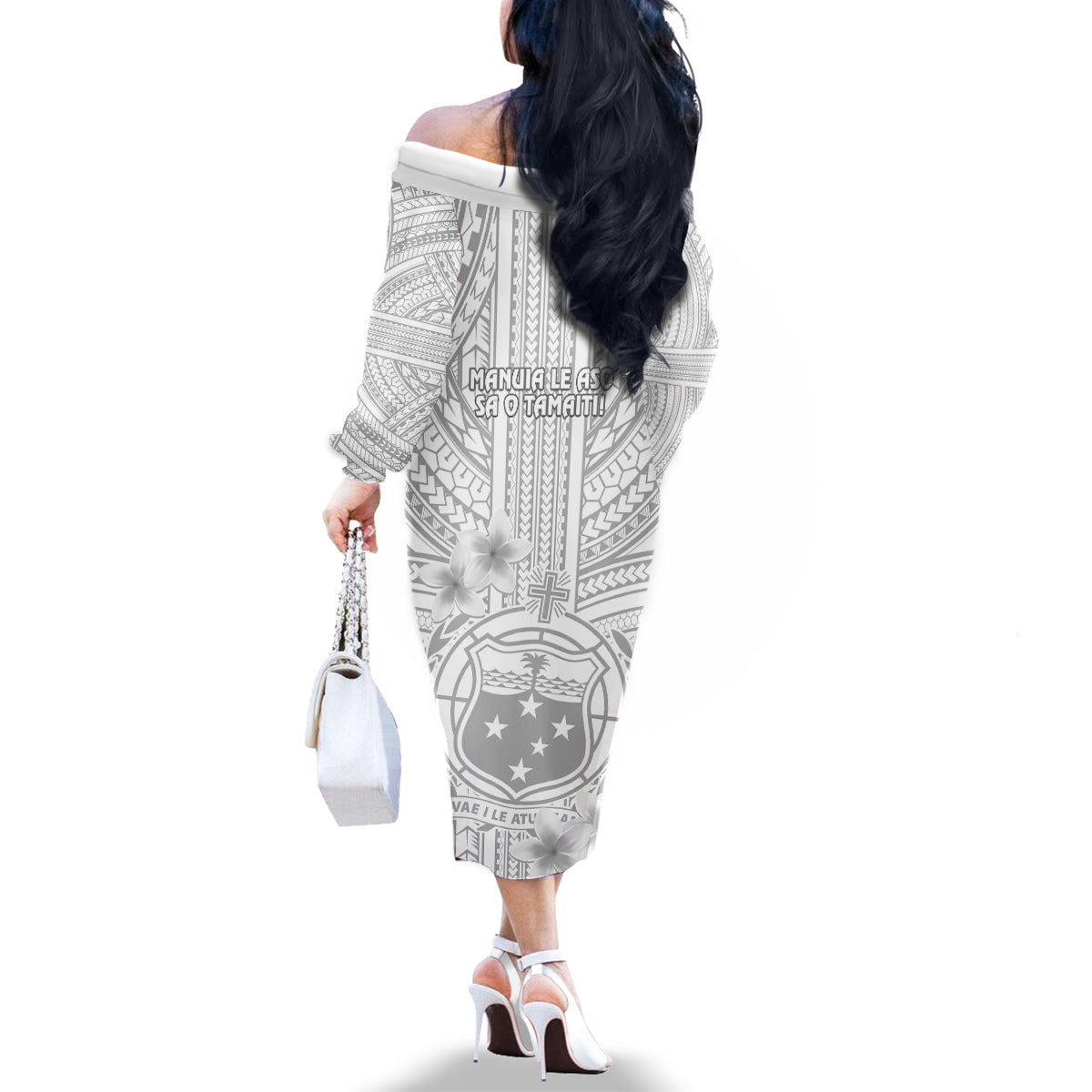 Samoa White Sunday Family Matching Off Shoulder Long Sleeve Dress and Hawaiian Shirt Manuia le Aso Sa o Tamaiti Polynesian Plumeria LT14 - Polynesian Pride