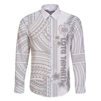 Samoa White Sunday Family Matching Off Shoulder Maxi Dress and Hawaiian Shirt Manuia le Aso Sa o Tamaiti Polynesian Plumeria LT14 Dad's Shirt - Long Sleeve White - Polynesian Pride