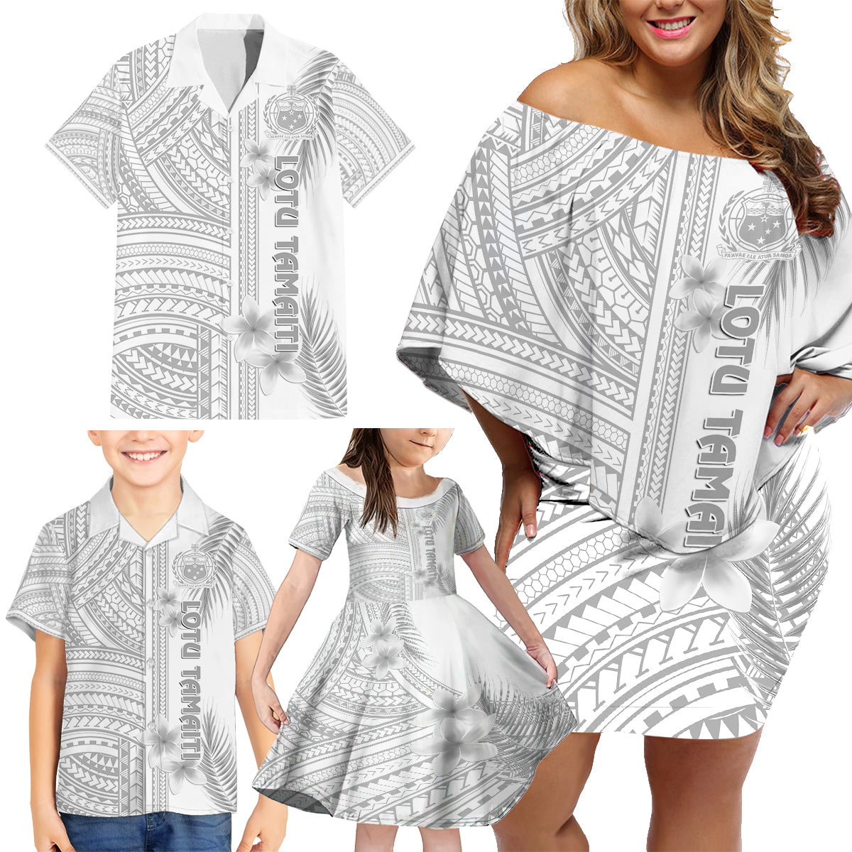 Samoa White Sunday Family Matching Off Shoulder Short Dress and Hawaiian Shirt Manuia le Aso Sa o Tamaiti Polynesian Plumeria LT14 - Polynesian Pride