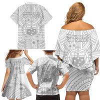 Samoa White Sunday Family Matching Off Shoulder Short Dress and Hawaiian Shirt Manuia le Aso Sa o Tamaiti Polynesian Plumeria LT14 - Polynesian Pride