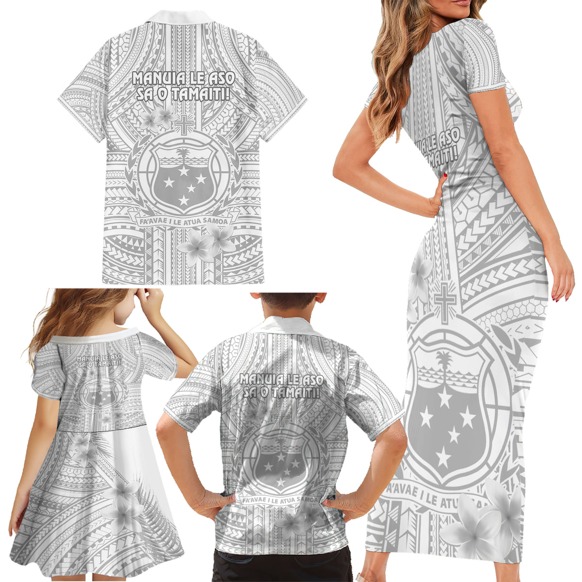 Samoa White Sunday Family Matching Short Sleeve Bodycon Dress and Hawaiian Shirt Manuia le Aso Sa o Tamaiti Polynesian Plumeria LT14 - Polynesian Pride