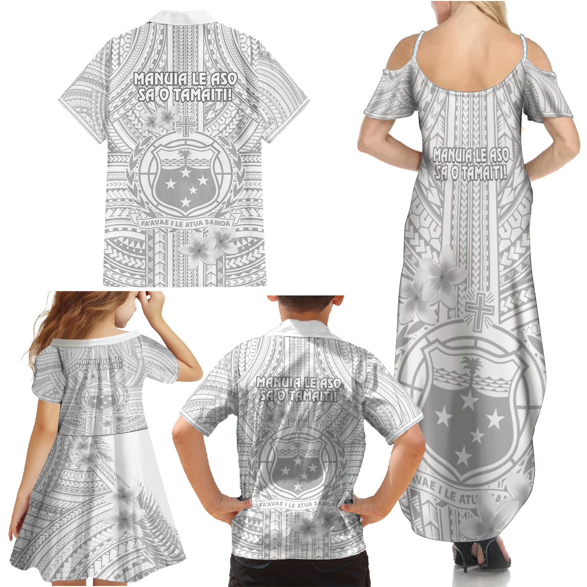 Samoa White Sunday Family Matching Summer Maxi Dress and Hawaiian Shirt Manuia le Aso Sa o Tamaiti Polynesian Plumeria LT14 - Polynesian Pride