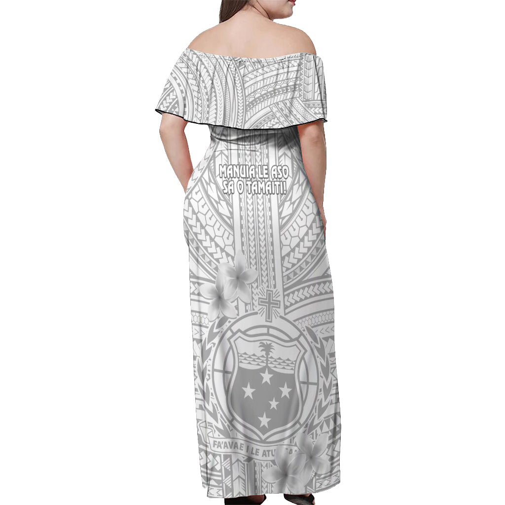 Samoa White Sunday Off Shoulder Maxi Dress Manuia le Aso Sa o Tamaiti Polynesian Plumeria LT14 - Polynesian Pride
