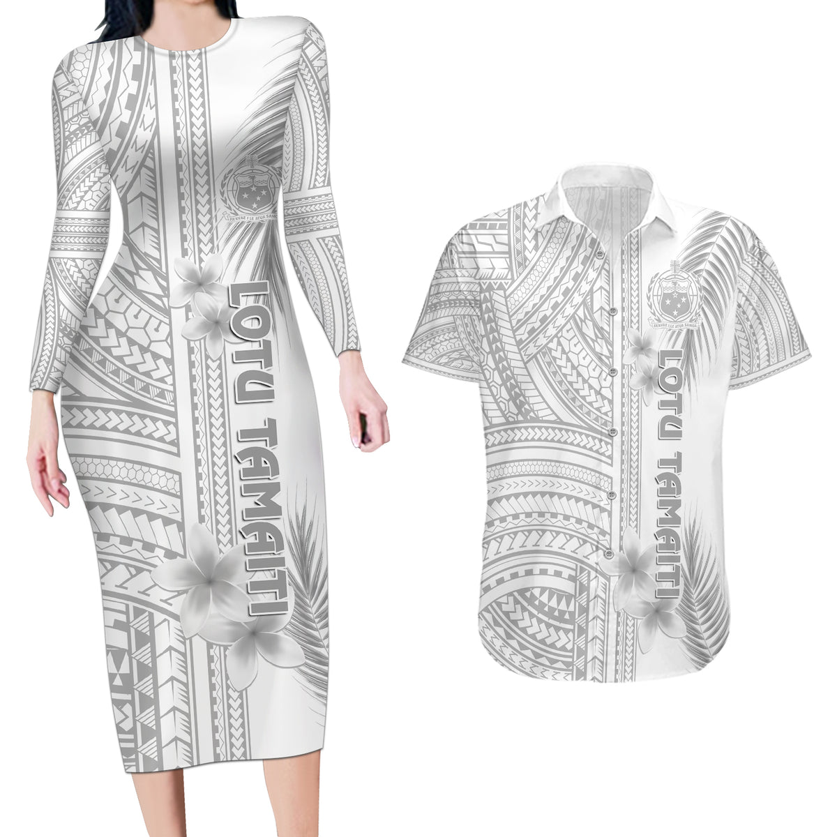 Personalised Samoa White Sunday Couples Matching Long Sleeve Bodycon Dress and Hawaiian Shirt Manuia le Aso Sa o Tamaiti Polynesian Plumeria LT14 White - Polynesian Pride