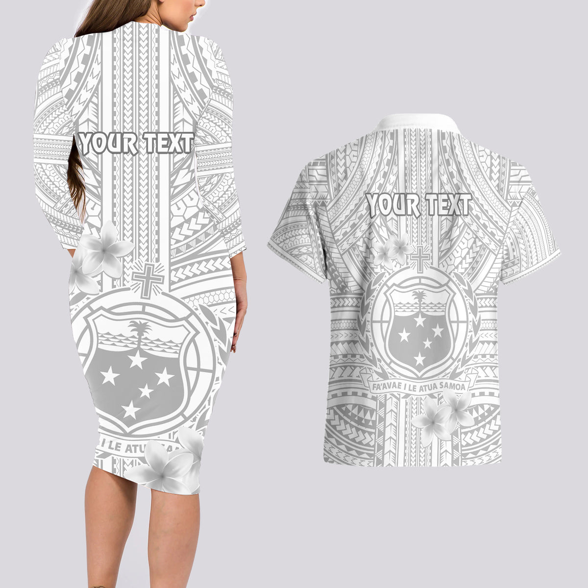 Personalised Samoa White Sunday Couples Matching Long Sleeve Bodycon Dress and Hawaiian Shirt Manuia le Aso Sa o Tamaiti Polynesian Plumeria LT14 - Polynesian Pride
