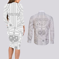 Personalised Samoa White Sunday Couples Matching Long Sleeve Bodycon Dress and Long Sleeve Button Shirts Manuia le Aso Sa o Tamaiti Polynesian Plumeria LT14 - Polynesian Pride