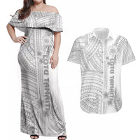 Personalised Samoa White Sunday Couples Matching Off Shoulder Maxi Dress and Hawaiian Shirt Manuia le Aso Sa o Tamaiti Polynesian Plumeria LT14 White - Polynesian Pride