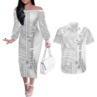 Personalised Samoa White Sunday Couples Matching Off The Shoulder Long Sleeve Dress and Hawaiian Shirt Manuia le Aso Sa o Tamaiti Polynesian Plumeria LT14 White - Polynesian Pride
