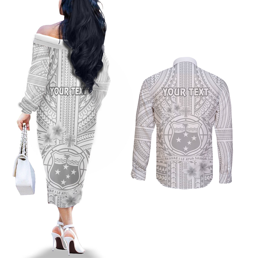 Personalised Samoa White Sunday Couples Matching Off The Shoulder Long Sleeve Dress and Long Sleeve Button Shirts Manuia le Aso Sa o Tamaiti Polynesian Plumeria LT14 - Polynesian Pride
