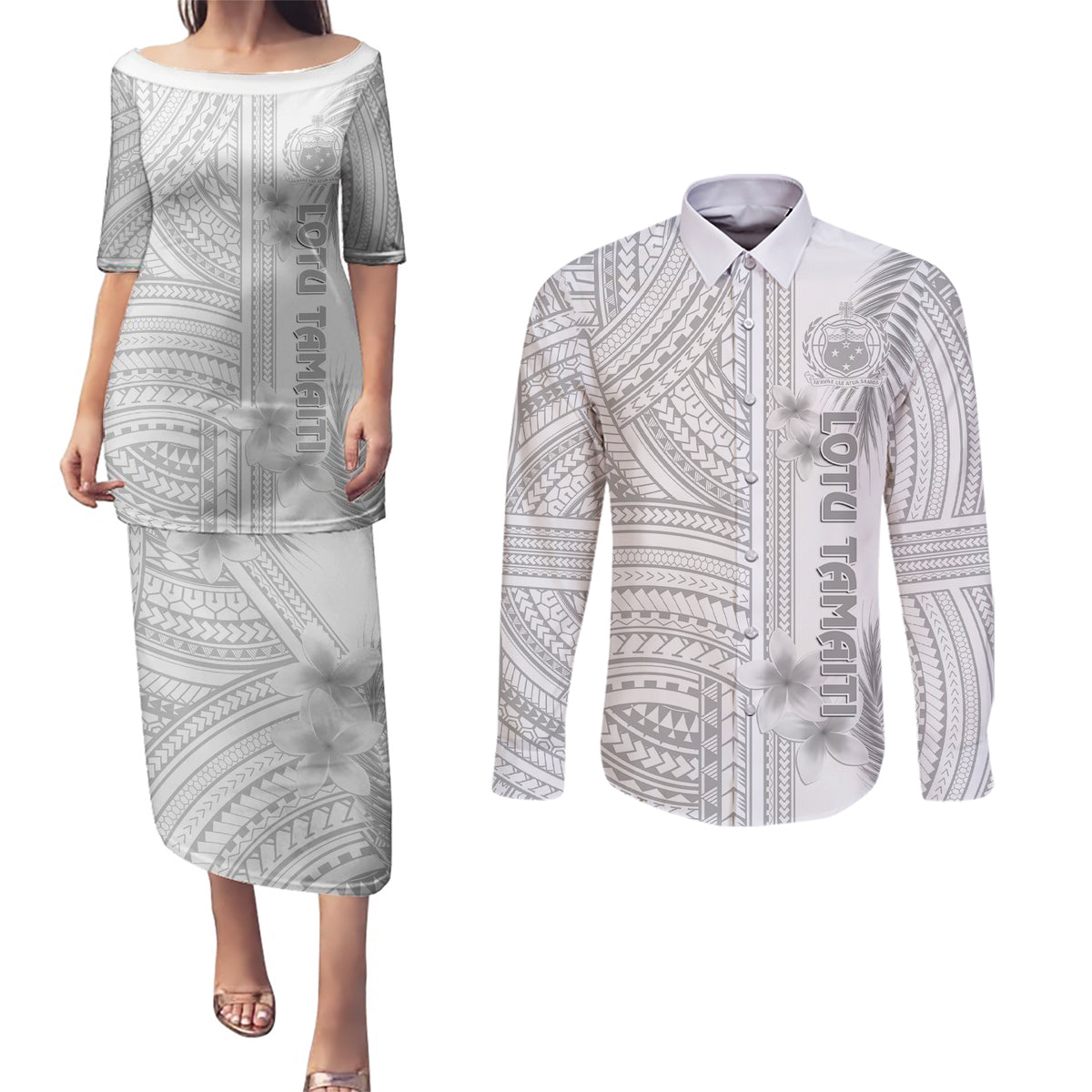 Personalised Samoa White Sunday Couples Matching Puletasi Dress and Long Sleeve Button Shirts Manuia le Aso Sa o Tamaiti Polynesian Plumeria LT14 White - Polynesian Pride