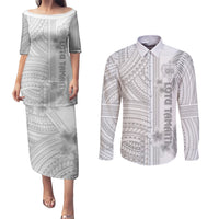 Personalised Samoa White Sunday Couples Matching Puletasi Dress and Long Sleeve Button Shirts Manuia le Aso Sa o Tamaiti Polynesian Plumeria LT14 White - Polynesian Pride