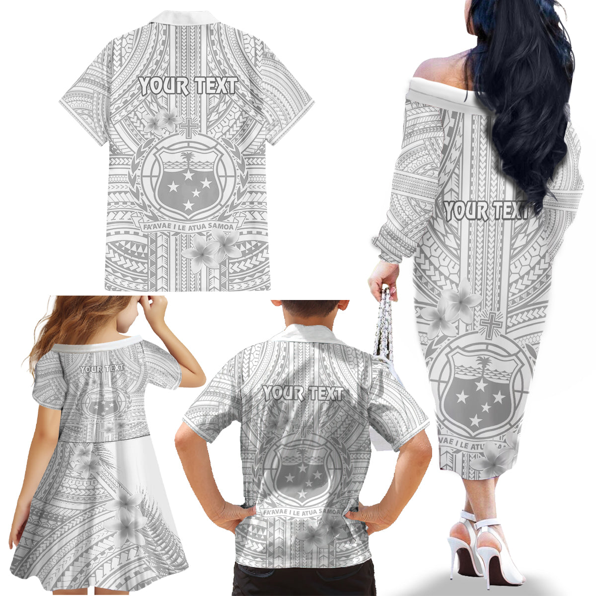 Personalised Samoa White Sunday Family Matching Off Shoulder Long Sleeve Dress and Hawaiian Shirt Manuia le Aso Sa o Tamaiti Polynesian Plumeria LT14 - Polynesian Pride