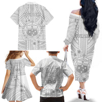 Personalised Samoa White Sunday Family Matching Off Shoulder Long Sleeve Dress and Hawaiian Shirt Manuia le Aso Sa o Tamaiti Polynesian Plumeria LT14 - Polynesian Pride