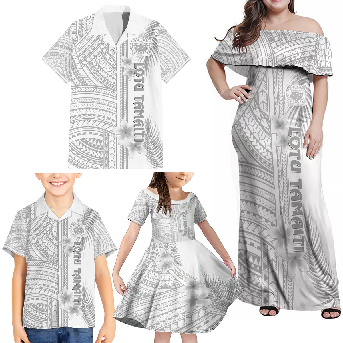 Personalised Samoa White Sunday Family Matching Off Shoulder Maxi Dress and Hawaiian Shirt Manuia le Aso Sa o Tamaiti Polynesian Plumeria LT14 - Polynesian Pride