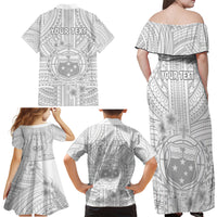 Personalised Samoa White Sunday Family Matching Off Shoulder Maxi Dress and Hawaiian Shirt Manuia le Aso Sa o Tamaiti Polynesian Plumeria LT14 - Polynesian Pride