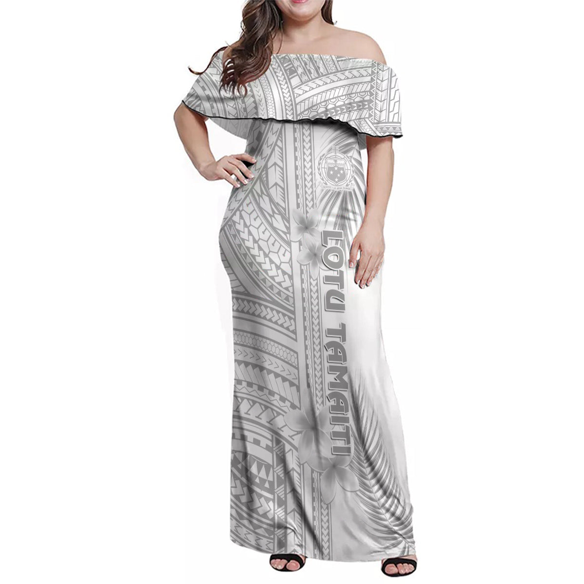 Personalised Samoa White Sunday Family Matching Off Shoulder Maxi Dress and Hawaiian Shirt Manuia le Aso Sa o Tamaiti Polynesian Plumeria LT14 Mom's Dress White - Polynesian Pride