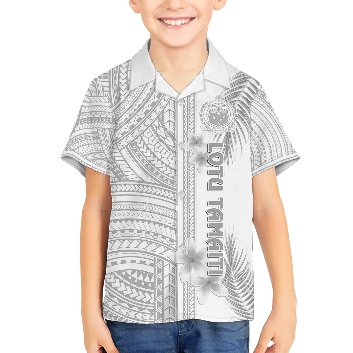 Personalised Samoa White Sunday Family Matching Off Shoulder Short Dress and Hawaiian Shirt Manuia le Aso Sa o Tamaiti Polynesian Plumeria LT14 Son's Shirt White - Polynesian Pride