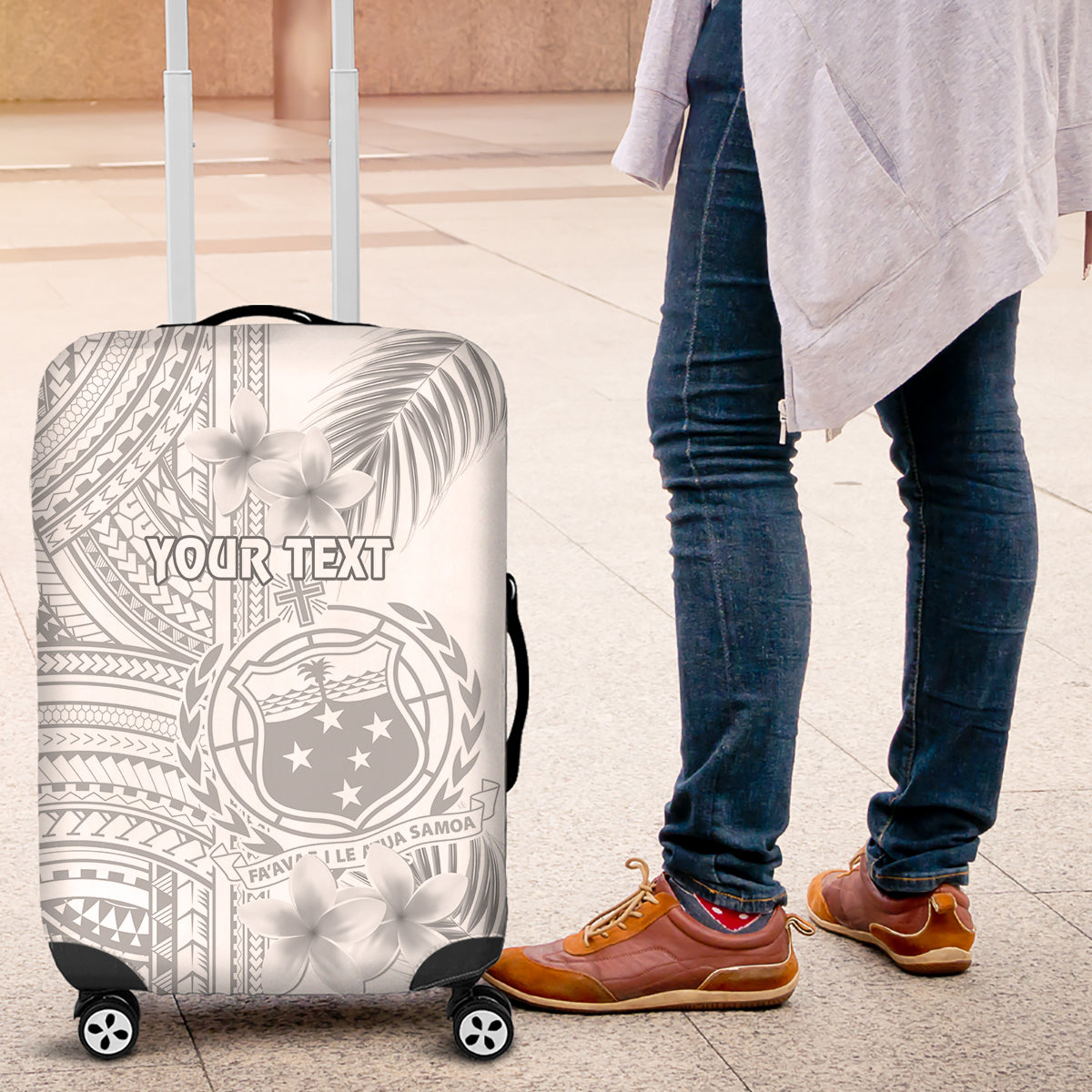 Personalised Samoa White Sunday Luggage Cover Manuia le Aso Sa o Tamaiti Polynesian Plumeria LT14 White - Polynesian Pride