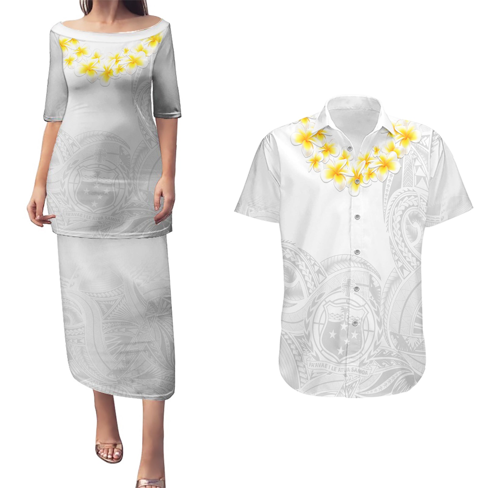 Samoa White Sunday Couples Matching Puletasi Dress and Hawaiian Shirt Lotu Tamaiti 2023 With Coat Of Arms LT14 White - Polynesian Pride