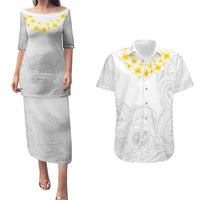 Samoa White Sunday Couples Matching Puletasi Dress and Hawaiian Shirt Lotu Tamaiti 2023 With Coat Of Arms LT14 White - Polynesian Pride