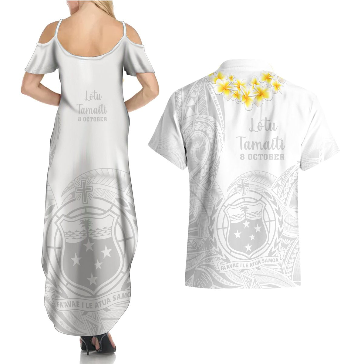 Samoa White Sunday Couples Matching Summer Maxi Dress and Hawaiian Shirt Lotu Tamaiti 2023 With Coat Of Arms LT14 - Polynesian Pride