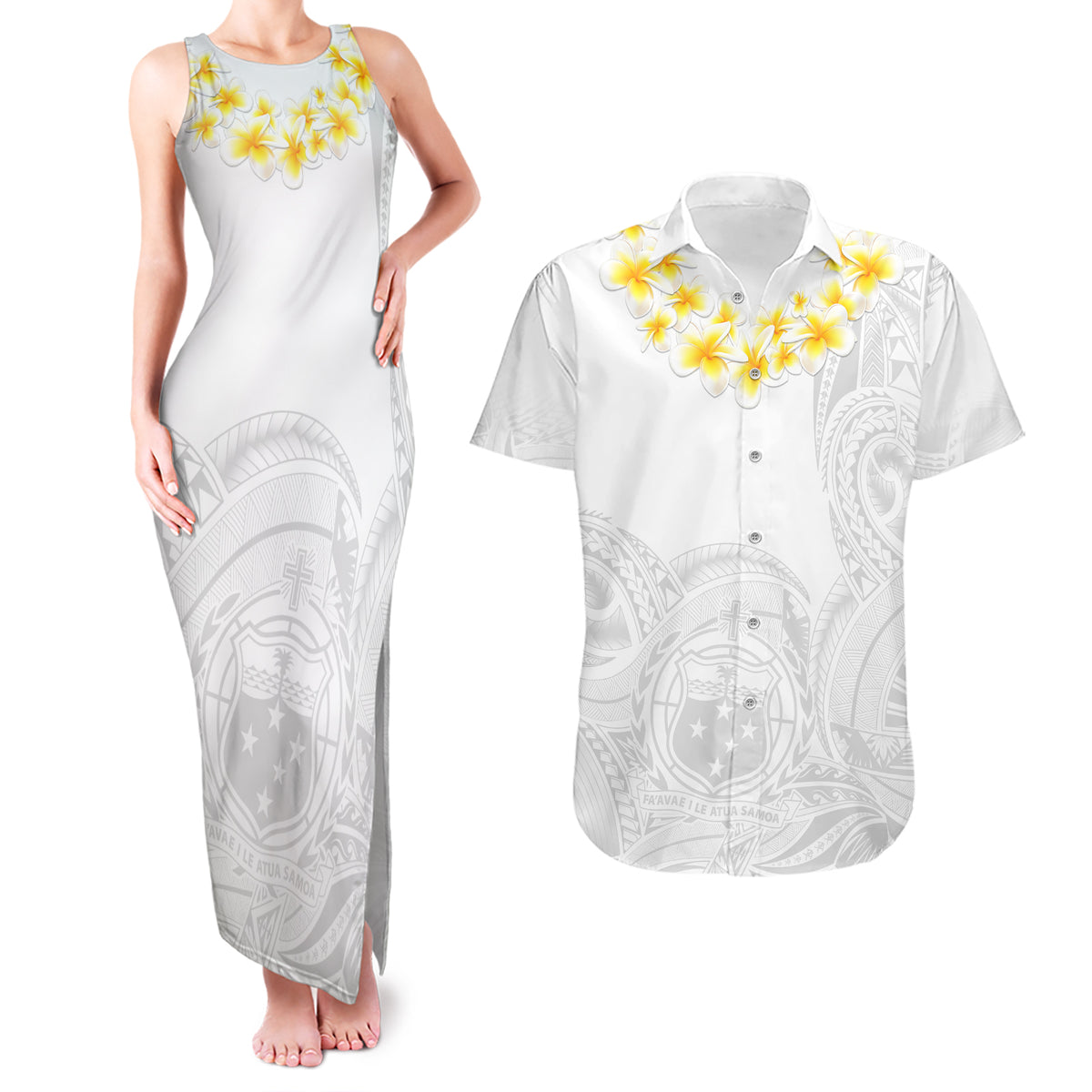 Samoa White Sunday Couples Matching Tank Maxi Dress and Hawaiian Shirt Lotu Tamaiti 2023 With Coat Of Arms LT14 White - Polynesian Pride