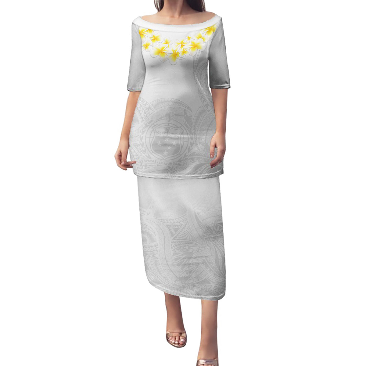 Samoa White Sunday Family Matching Puletasi Dress and Hawaiian Shirt Lotu Tamaiti 2023 With Coat Of Arms LT14 Mom's Dress White - Polynesian Pride