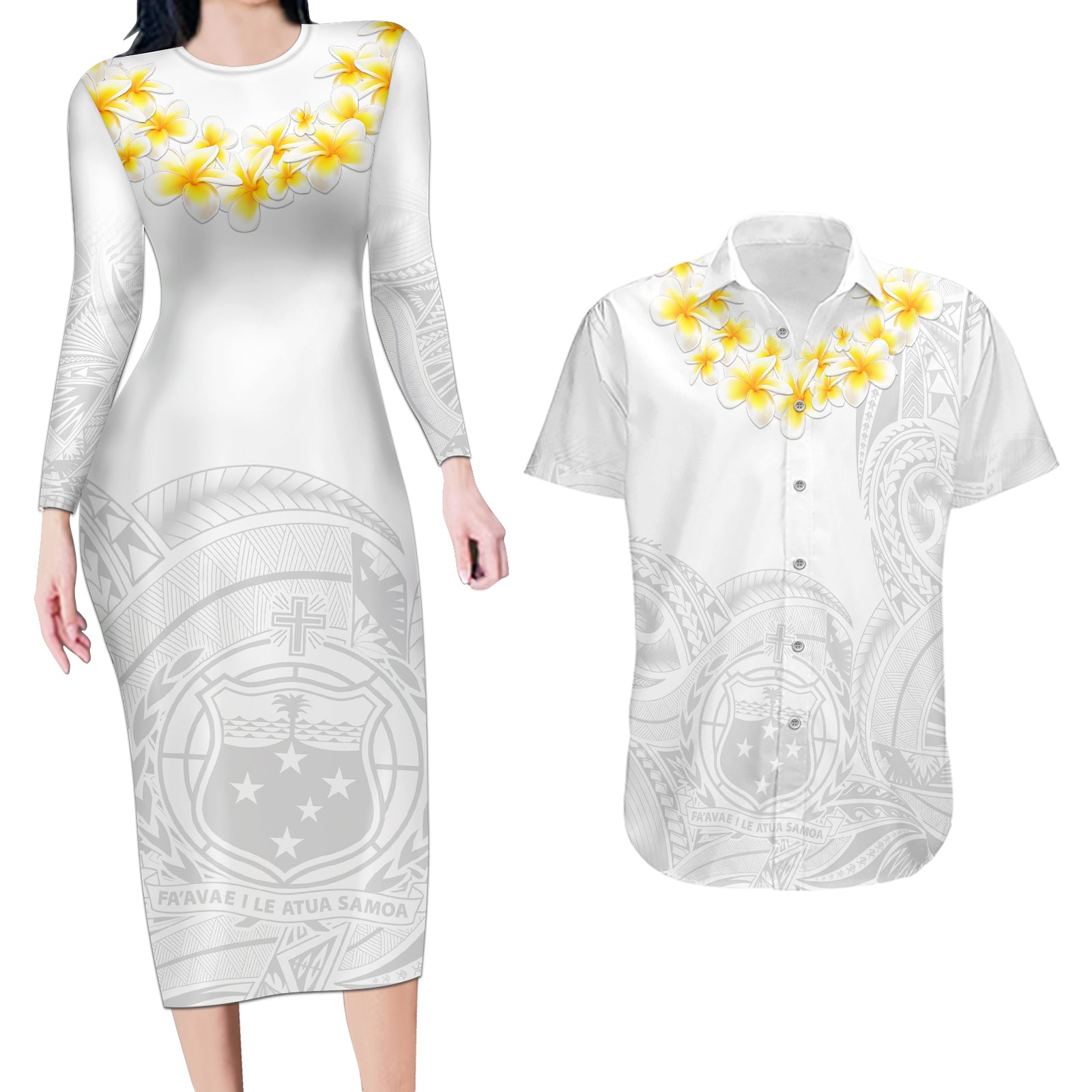 Personalised Samoa White Sunday Couples Matching Long Sleeve Bodycon Dress and Hawaiian Shirt Lotu Tamaiti 2023 With Coat Of Arms LT14 White - Polynesian Pride