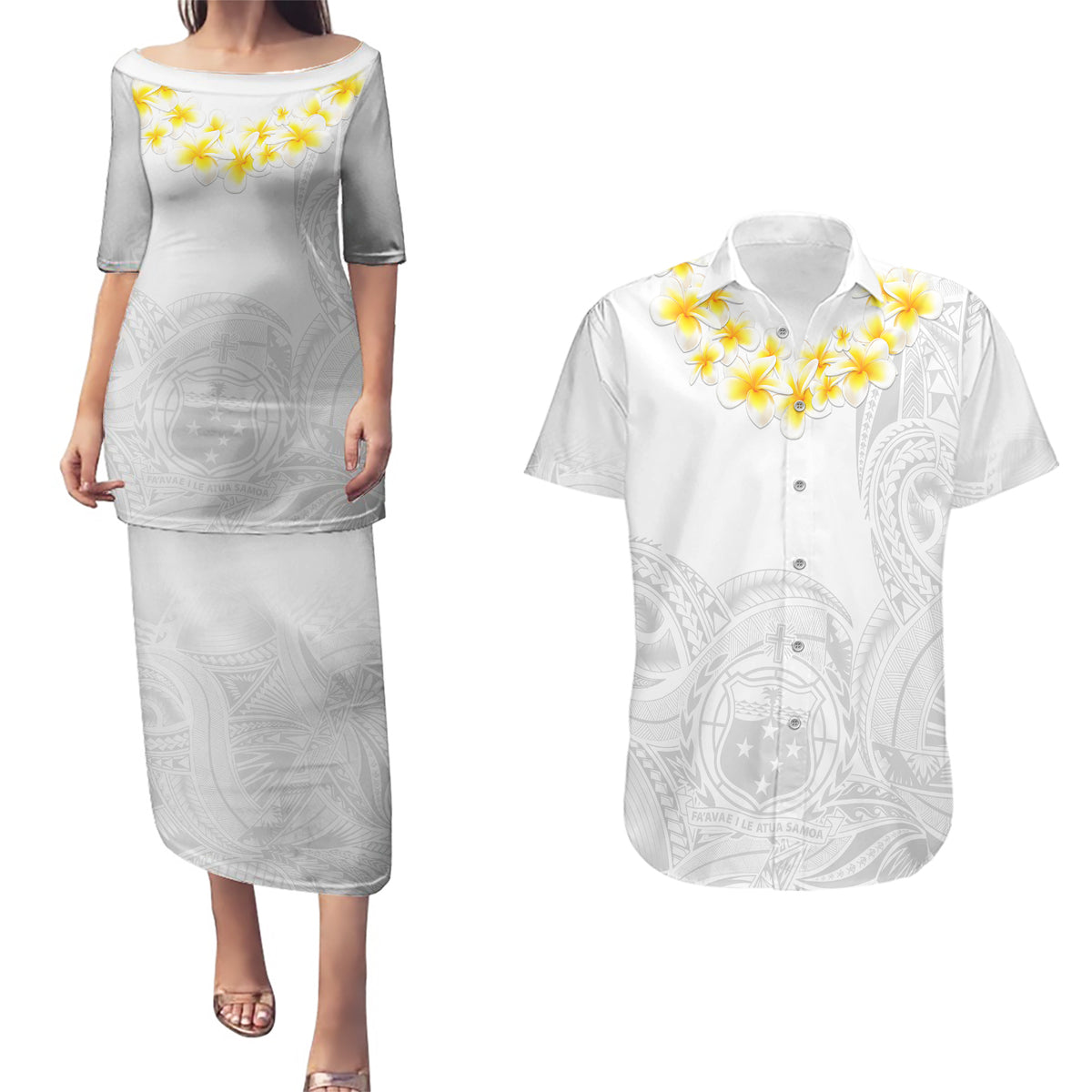 Personalised Samoa White Sunday Couples Matching Puletasi Dress and Hawaiian Shirt Lotu Tamaiti 2023 With Coat Of Arms LT14 White - Polynesian Pride