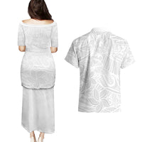 Polynesia White Sunday Couples Matching Puletasi Dress and Hawaiian Shirt Polynesian Pattern With Tropical Flowers LT14 - Polynesian Pride