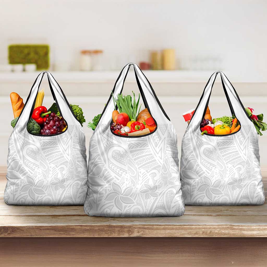 Polynesia White Sunday Grocery Bag Polynesian Pattern With Tropical Flowers