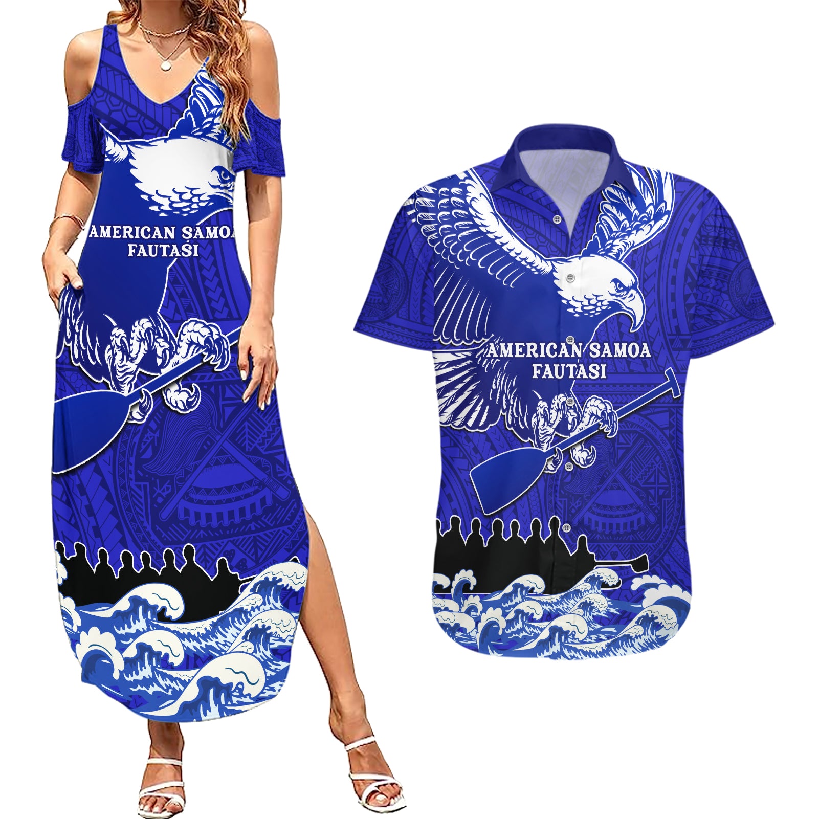 Personalised American Samoa Fautasi Race Couples Matching Summer Maxi Dress and Hawaiian Shirt Eagle With Polynesian Pattern LT14 Blue - Polynesian Pride