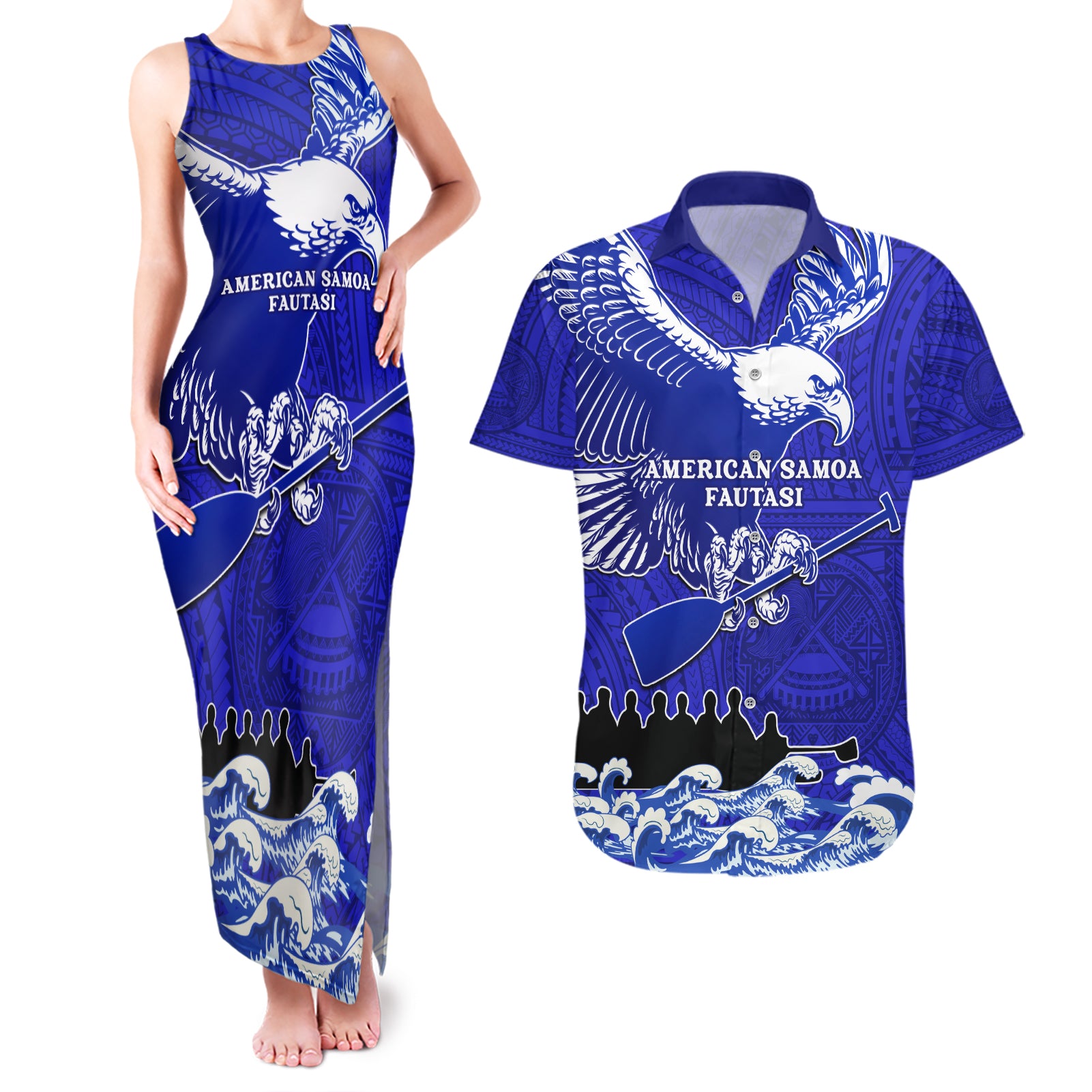 Personalised American Samoa Fautasi Race Couples Matching Tank Maxi Dress and Hawaiian Shirt Eagle With Polynesian Pattern LT14 Blue - Polynesian Pride